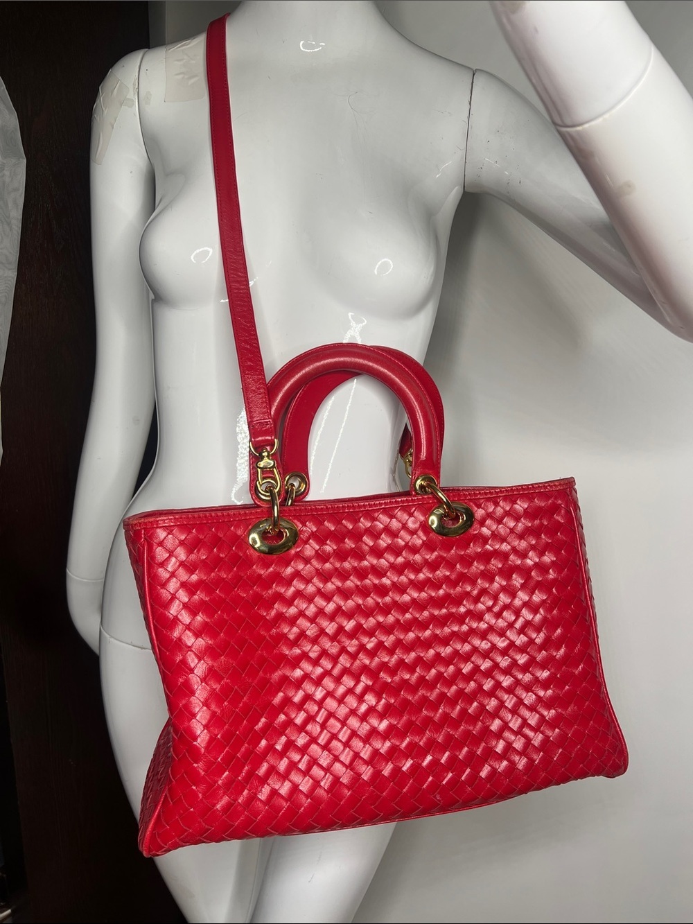 Lederer Red Woven Leather Double Handle Crossbody Zip Triple Compartment Bag